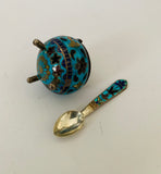 Silver and cloisonné salt pot and spoon
