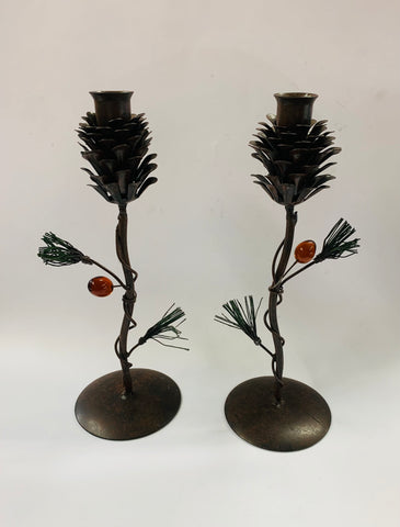 Vintage metal Xmas pine cone Candlesticks