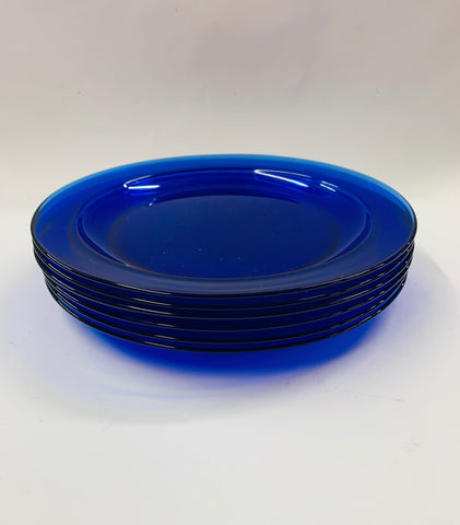 Set of 6 cobalt blue French glass dinner plates