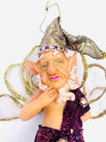 Whimsical Christmas Elf with Red Clothing Sheer Gold Wings and Gold Hat