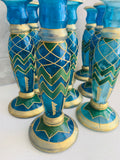 8 vintage blue glass and gold painted candlesticks