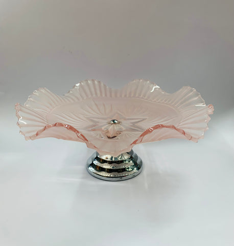 Pink depression glass cake stand
