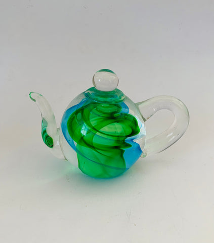 Art Glass Miniature Green and Blue Teapot