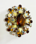 Vintage costume Brooch Round with Clear and Amber Jewels
