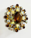 Vintage costume Brooch Round with Clear and Amber Jewels