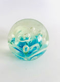 Clear Paperweight with Blue and Milk White Swirls with Six Bubbles