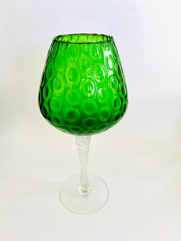Art Glass Large Bubbled Green Wine Glass with Clear Stem