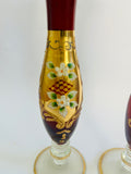 Pair of Bohemia Red Glass Vases with Hand Painted Gold Swirls