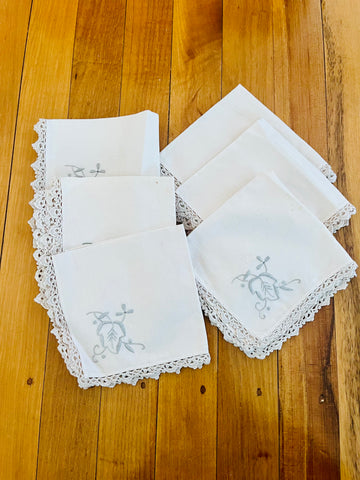 Set of Six Cream Napkins with Scolloped Edges and Grey Embroidery