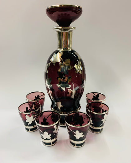 Venetian purple glass decanter and 6 glasses with silver overlay