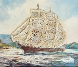 Unique Antique Watercolor Painting of a Boat with Lace Overlay