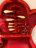 Red velvet sewing box with mother of Pearl contents