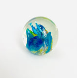 Clear Paperweight with Two Blue Fish Swimming over Blue and Yellow Coral