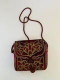 Vintage Leather and Red Velvet Bag with silver colour Thread