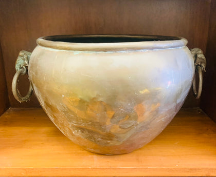 Large antique brass planter with elephant handles