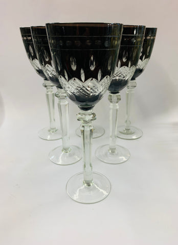 Set of 6 large Bohemian Crystal purple wine glasses