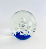 Large Clear Paperweight with Blue Base and Metallic Bubbles