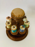 Antique Victorian wooden sewing spool or cotton reel holder and pin cushion
