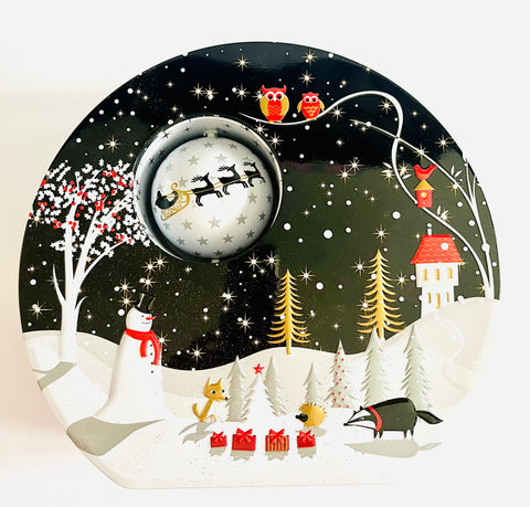 Round Christmas Scene Tin with Rotating Ball with Santa and Sleigh