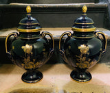 Pair of large French cobalt blue lidded urns or vases
