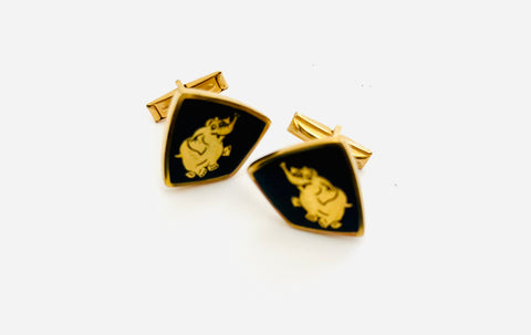 Vintage Set of Cufflinks Four Sided Shape with Blue Enamel and Gold Elephant