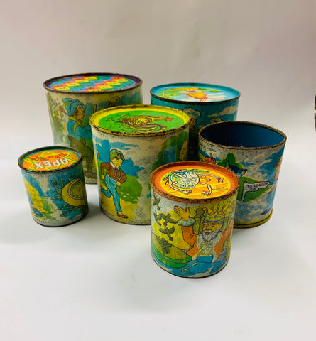 Set of 6 vintage metal children’s stacking tins