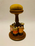 Vintage wooden pin cushion and cotton reel holder