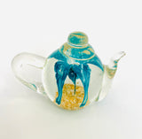 Glass Teapot Paperweight with Gold Glitter and Blue Flower