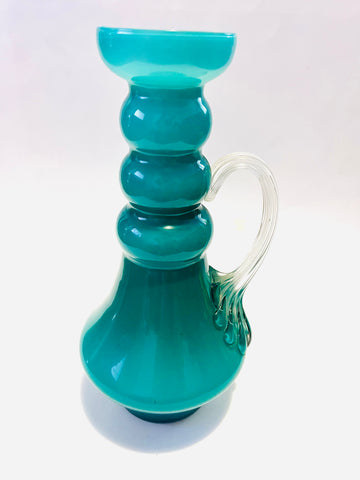 Turquoise midcentury Jug with Clear handle ￼