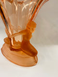 Art deco pink depression glass vase with ladies on each side