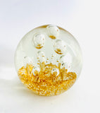Large Clear Paperweight with Gold Flake Base with Ascending Air Bubbles