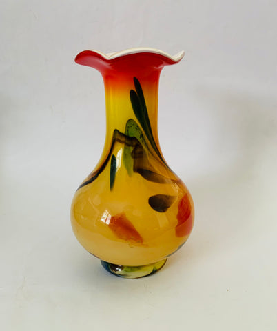 Late 20th Century Multi-Coloured Opaline Orange Art Glass Vase Crimped Rim
