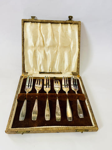Set of Six Electroplated Silver Cake Forks in Box