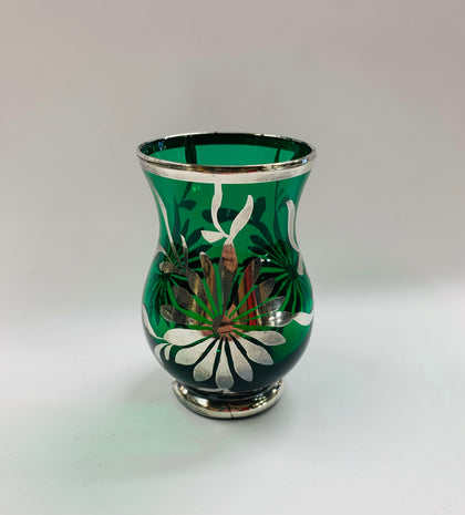 Green glass vase with silver overlay