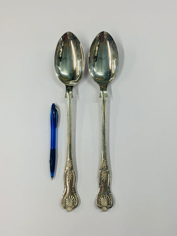 Pair of extra large Walker and Hall Kings pattern silver plated serving spoons
