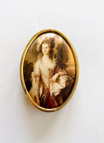 Velvet Oval Jewellery Box with Renaissance Painting on Silk with a Lady in Formal Wear