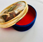 Velvet Oval Jewellery Box with Renaissance Painting on Silk of Two girls playing the piano