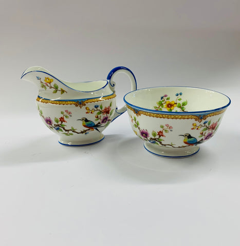 Rare Aynsley Bird on a branch milk jug and sugar bowl