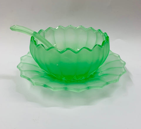 Green depression glass 3 piece sauce set