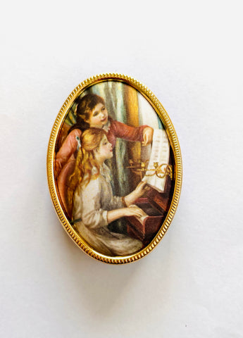 Velvet Oval Jewellery Box with Renaissance Painting on Silk of Two girls playing the piano