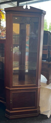 Tall Wooden Mahogany Corner Cabinet with Glass Shelves