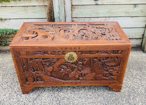 Vintage large carved wooden camphor chest