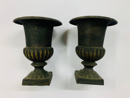 Pair of antique heavy cast iron garden urn planters