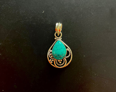 Sterling Silver Tear Drop Pendant with Green and Black Veined Stone