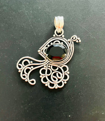 Sterling Silver Peacock Pendant with Black Stone