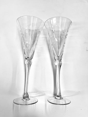 Pair of Etched Tall Champagne Flutes
