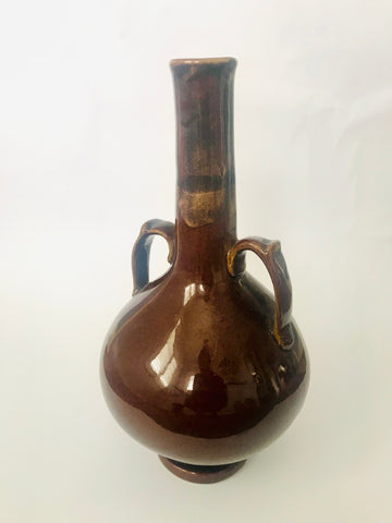 Double Handled Brown Pottery Stem Vase