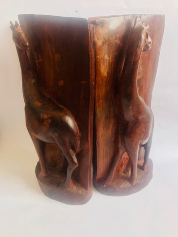 Hand Carved Wooden Giraffe Bookends from Milawi