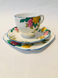 English Made Trio with Blue Trim and Yellow and Pink Blossoms