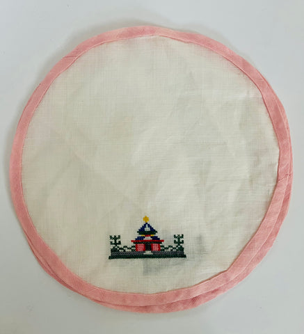 3x Round Tray Cover with Pink Ribbon Edge and Embroidery House